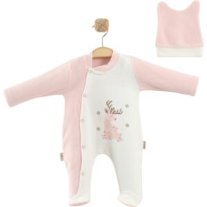 Бебешки плюшен гащеризон с предно странично закопчаване тик так, обло деколте и шапчица към него