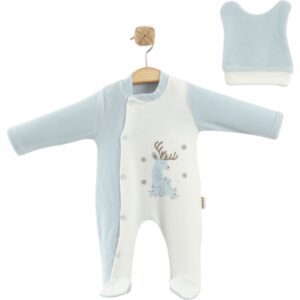 Бебешки плюшен гащеризон с предно странично закопчаване тик так, обло деколте и шапчица към него