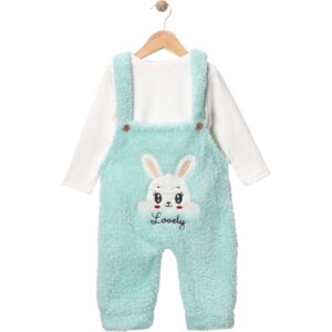 Бебешки плюшен комплект от гащеризон и блуза с дълъг ръкав - в синьо