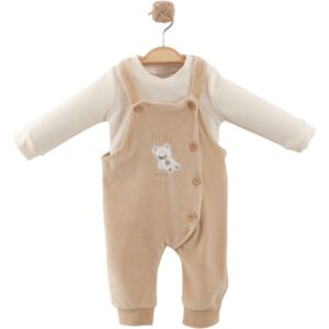 Бебешки комплект -бежов гащеризон и бяла блуза с дълъг ръкав