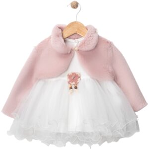 Детски комплект - бяла дантелена рокля с плюшено палто