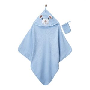 Бебешка хавлия за баня с качулка с бродирано личице на мече  и текстилни ушички , включва хавлиена ръкавица